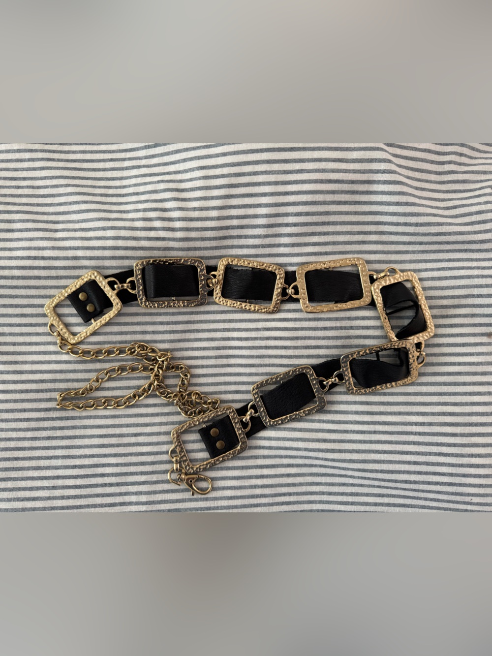 Gold Chain Link Belt with Black Leather Inset